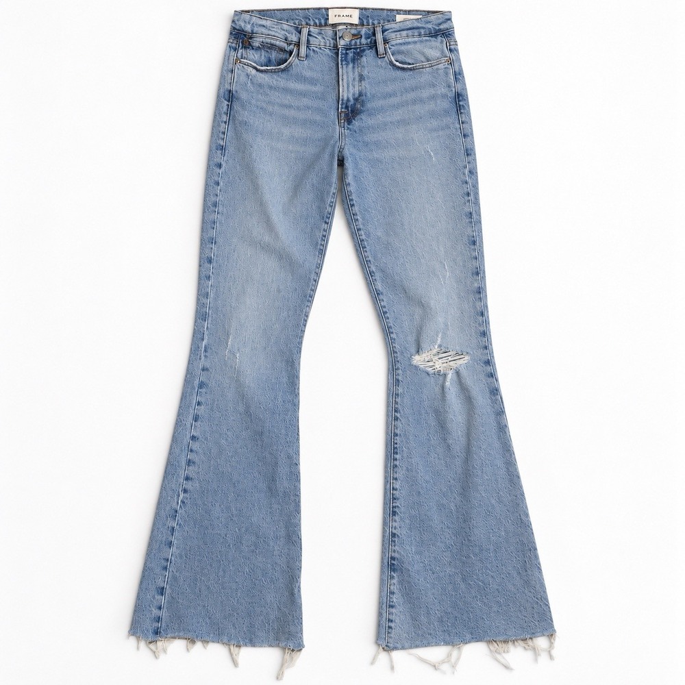 FRAME Le High Flare Jeans 27 Crystal Beach Tear Distressed Raw Hem High Rise